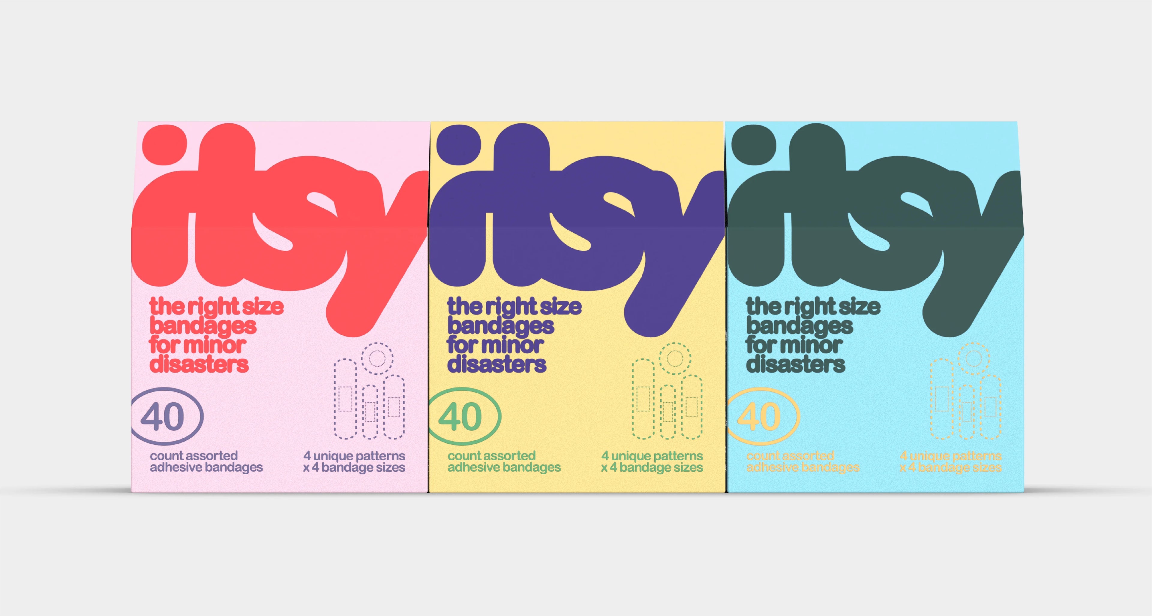 All three colorways of Itsy's product packaging including Red and Pink, Yellow and Purple and Blue and Green.  Each box contains 40 count assorted adhesive bandages for a total of 120 bandages.  Boxes are pictured side-by-side against a light gray background