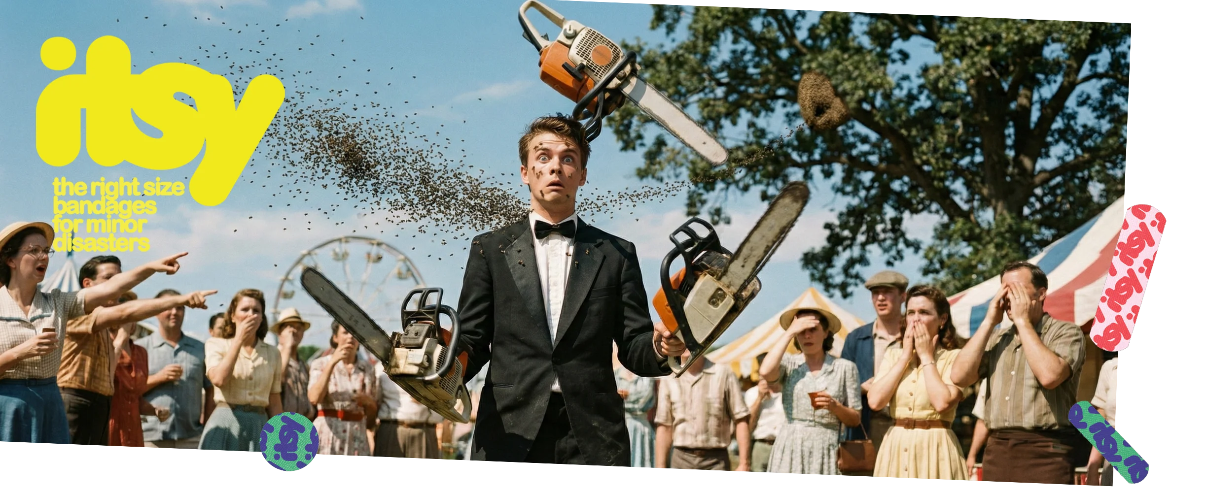 Man in a tuxedo juggling chainsaws while about to be attacked by a hive full of bees! surrounded by people and a 'itsy' logo.